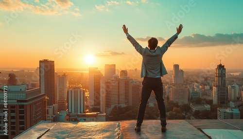 Man celebrating freedom on urban rooftop at sunset