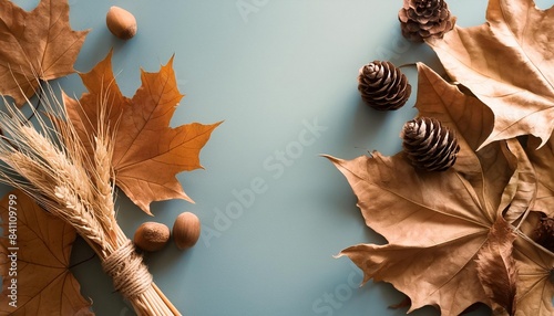 Colorful fall leaves, nuts and pine cones. Corner border over a rustic dark banner background. Overhead view with copy space