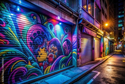 Japanese graffiti on street wall with neon light street art by night, street art, graffiti, Japanese, neon light, wall, night