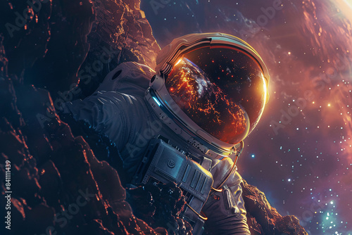 Starlit Climb: Astronaut Scaling Cosmic Cliff with Reflective Helmet