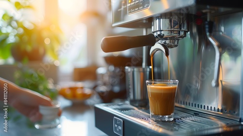 Man hand using modern coffee machine, in the morning making espresso coffee, on blurred background