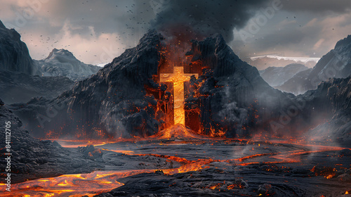 Lava and Metal: Photorealistic Depiction of Erupting Volcano and Cross-Shaped Heat Sink