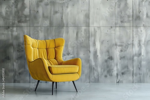 Interior of loft-style living room with yellow armchair against blank concrete wall background