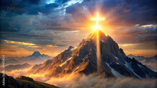 Majestic mountain with illuminated cross symbolizing spiritual journey and connection between heaven and earth
