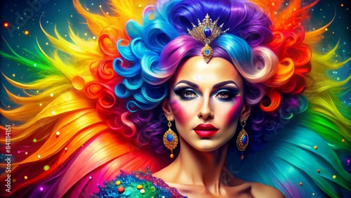 Vibrant digital of flamboyant drag queen with fashion and pride themes, drag queen, LGBT, colorful, vibrant, digital art