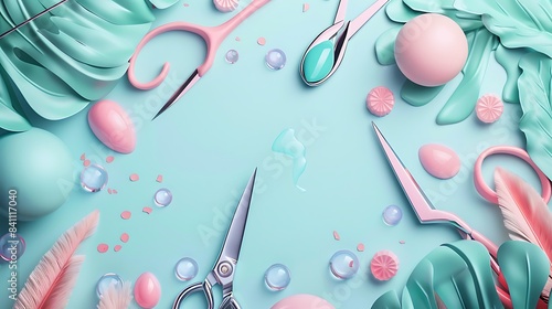 Sleek Minimalistic Background Featuring Flying Nail Files, Gel Polish, Scissors, and Flashy Elements for Manicure Shop Website Design