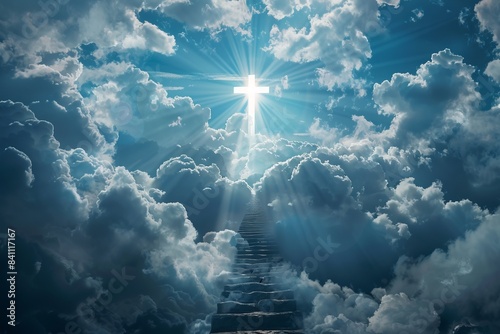 Heavenly staircase leading to a bright cross in the sky. Mystical and religious digital art, ideal for spiritual concepts. Serene heavenly light breaking through clouds. Generative AI