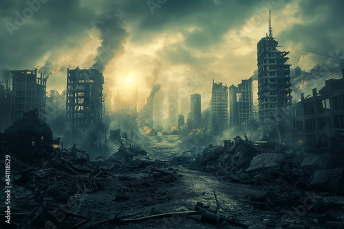Apocalyptic view of destroyed world, post apocalypse after world war or natural disaster
