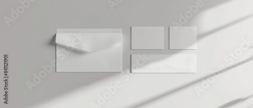 Top view of blank stationery items including envelopes and business cards on a light grey background. Minimalistic and clean design.
