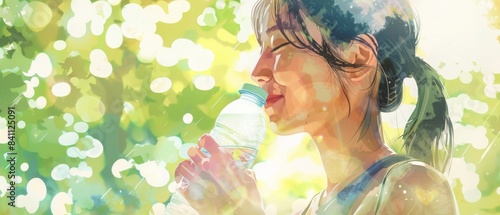 Woman enjoying a refreshing drink from a water bottle outdoors on a sunny day, with a sun-dappled background of lush green trees.