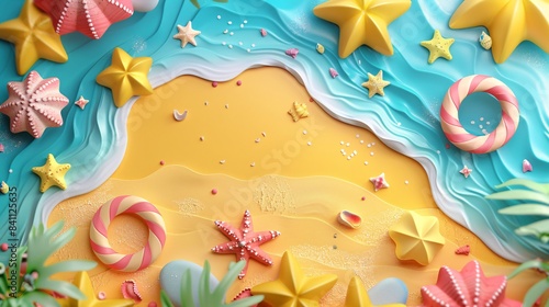Bright and festive beach scene with colorful starfish, lifebuoys, and waves, creating a joyful summer atmosphere. 3D Illustration.