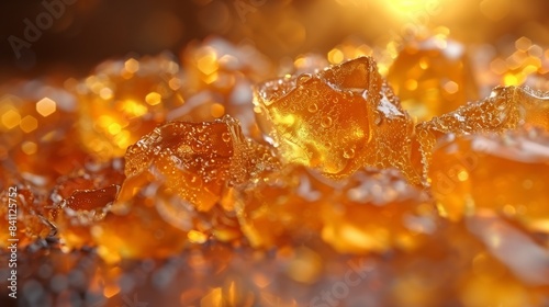 Golden Cannabis Concentrate Crystals. Close-up of golden cannabis concentrate crystals, showcasing the purity and quality of cannabis extracts.