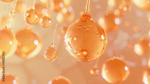 Close Up of Suspended Orange Liquid Droplets Against a Blurred Background