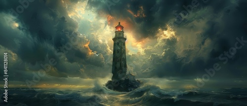 Low-angle view of a lighthouse with a stormy sky,