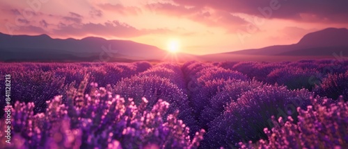 Lavender field at sunset, vibrant purple flowers, relaxing scene, copy space