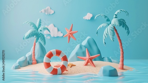 Whimsical summer beach scene with palm trees, starfish, lifebuoy, clouds, and mountains in vibrant pastel colors. 3D Illustration.