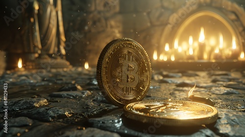 Illuminated Holy Bitcoin Grail Revealed in Cinema 4D with Octane Render - Sacred Digital Currency Concept