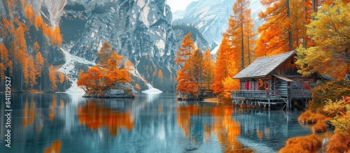A picturesque autumn scene of the Braies lake in Italy with orange trees and mountains.