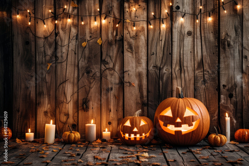 Halloween pumpkins and candles on wooden background with string lights, Halloween concept...