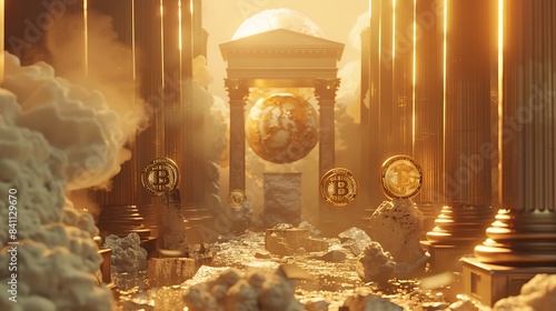 Glowing Holy Bitcoin Symbolizing the Holy Grail of Money in Cinema 4D Octane Render