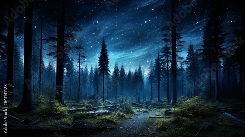 the natural phenomenon of the Milky Way in the night sky full of stars with the silhouette of a forest and many pine trees