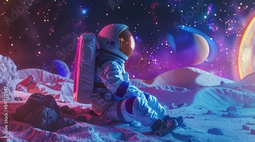 Backdrop photoshoot studio kids fashion brand version in space on the moon colorful and creative photoshoot with saturn and moon prop, cinematic, wide angle lens