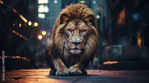 Beautiful wallpaper (wallpaper) of a majestic lion in city , night