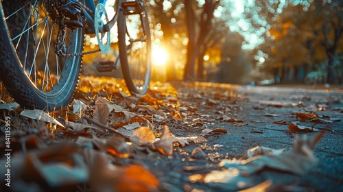 Close-up of bicycle tire on park path, sunset light, fine details, motion effect, natural surroundings