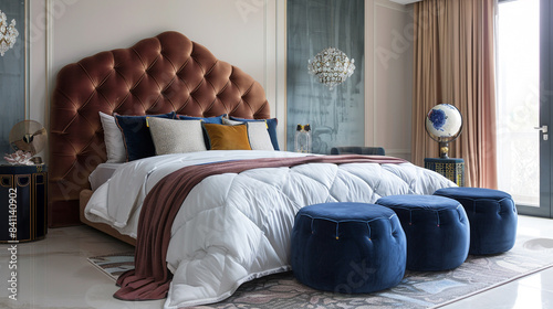 A glamorous bedroom featuring a large bed with a velvet headboard, paired with poufs in rich, jewel tones.