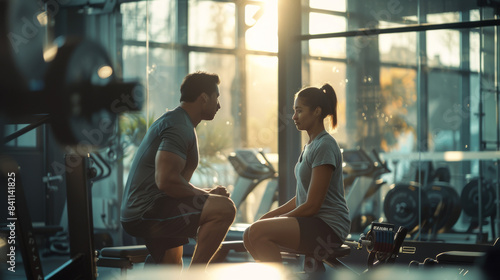 Male Fitness Trainer Instructing Female Client During Morning Workout In Gym
