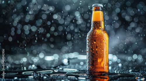 Close-up of a beer bottle with detailed condensation, sitting on a wet surface with studio lighting, isolated background for a clean look