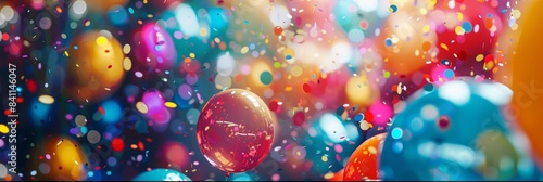 A colorful image of many balloons with a lot of confetti. The balloons are in various colors and sizes, and the confetti is scattered all over the image. Scene is festive and celebratory