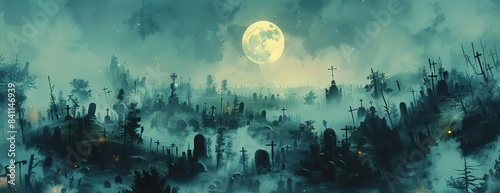 Aerial view of haunted cemetery, chilling dark night, full moon illuminating ghostly tombs, spectral fog swirling, watercolor effect, eerie halloween event scenery