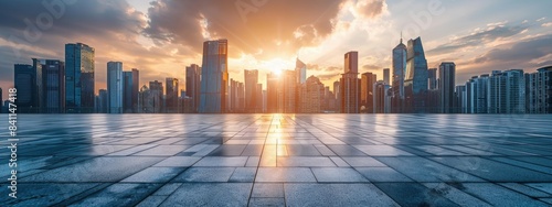 Empty square floor and modern city skyline with buildings at sunset in the city