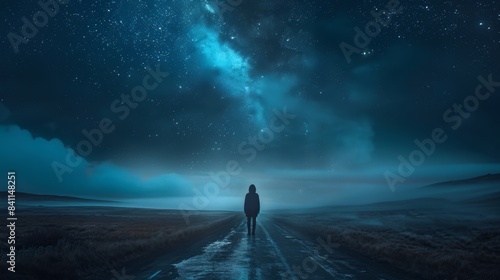 A figure standing alone on a desolate country road, with the vast darkness of the night engulfing them, raw and emotional atmosphere