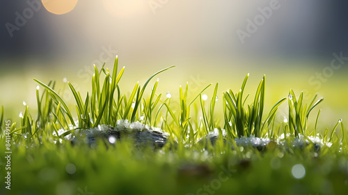 Beautiful spring background with dew drops on fresh green grass