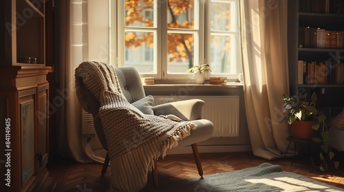 Cozy reading nook with an armchair and blanket by a sunny window, surrounded by bookshelves and autumn leaves outside.