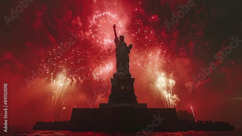 A silhouette of the Statue of Liberty with fireworks in the background, symbolizing American freedom