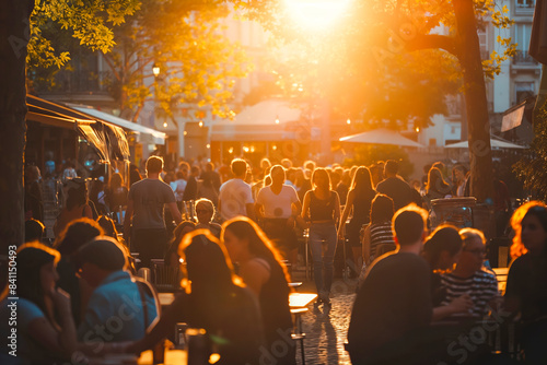 Golden hour in a bustling city square: A vibrant scene with people from all walks of life gathering, laughing, and enjoying street performers and local food vendors