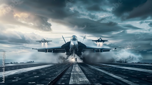 Three fighter jets are taking off from a runway. The sky is cloudy and the sun is setting