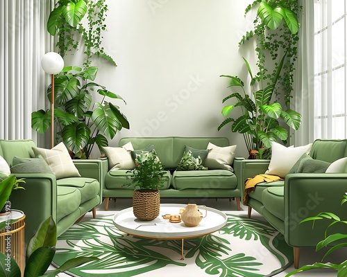 : Bright living room adorned with green plants and modern sofas,