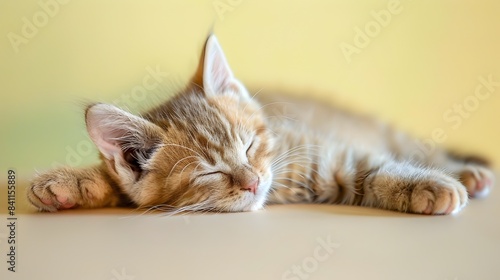 Cute Munchkin Kitten Sleeping Peacefully on Pastel Yellow Background