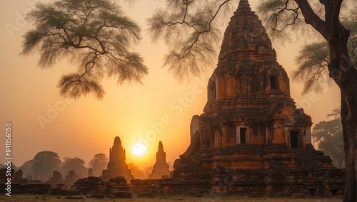 Golden Sunrise Illuminating Ancient Ayutthaya Ruins A Serene Historical Tableau.