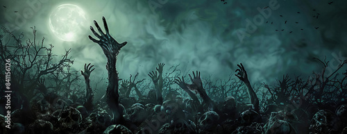 Distant view, decaying zombie hands stretching upwards, sinister Halloween night, moonlight casting shadows, photorealistic digital art, plenty of copyspace, creepy yet captivating