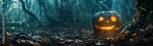 Frontal view Halloween pumpkin, glowing eerie light, placed in a mystic forest at night, surrounded by ancient trees, photorealistic, high detail, dark and moody tones, cinematic lighting, copyspace