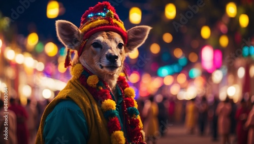 Vibrant D Colorful Festival with Animals Dabbing Among Traditional and Festive Lights.