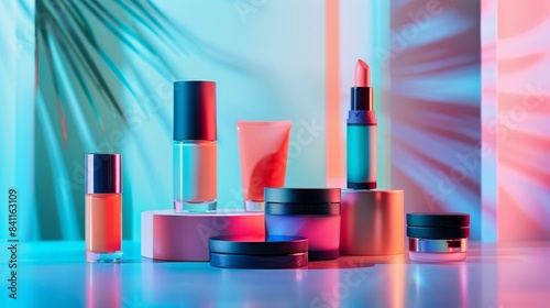 A glamorous array of organic beauty products, including colorful lip balms, bronzers, and highlighters, presented on a sleek surface with studio lighting, isolated background