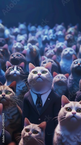 A group of cats wearing suits and ties are sitting in a theater. They are all looking up at something.