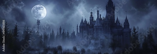 High-angle view of a mysterious medieval castle, shrouded in eerie fog, illuminated by a dark moon background, Halloween theme, CG 3D render, photorealistic details, atmospheric lighting