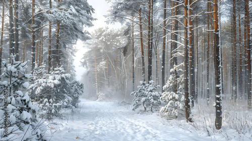An amazingly beautiful fairy-tale panorama of the nature of a winter forest with shaggy snow-covered firs, deep snowdrifts and light snowfall